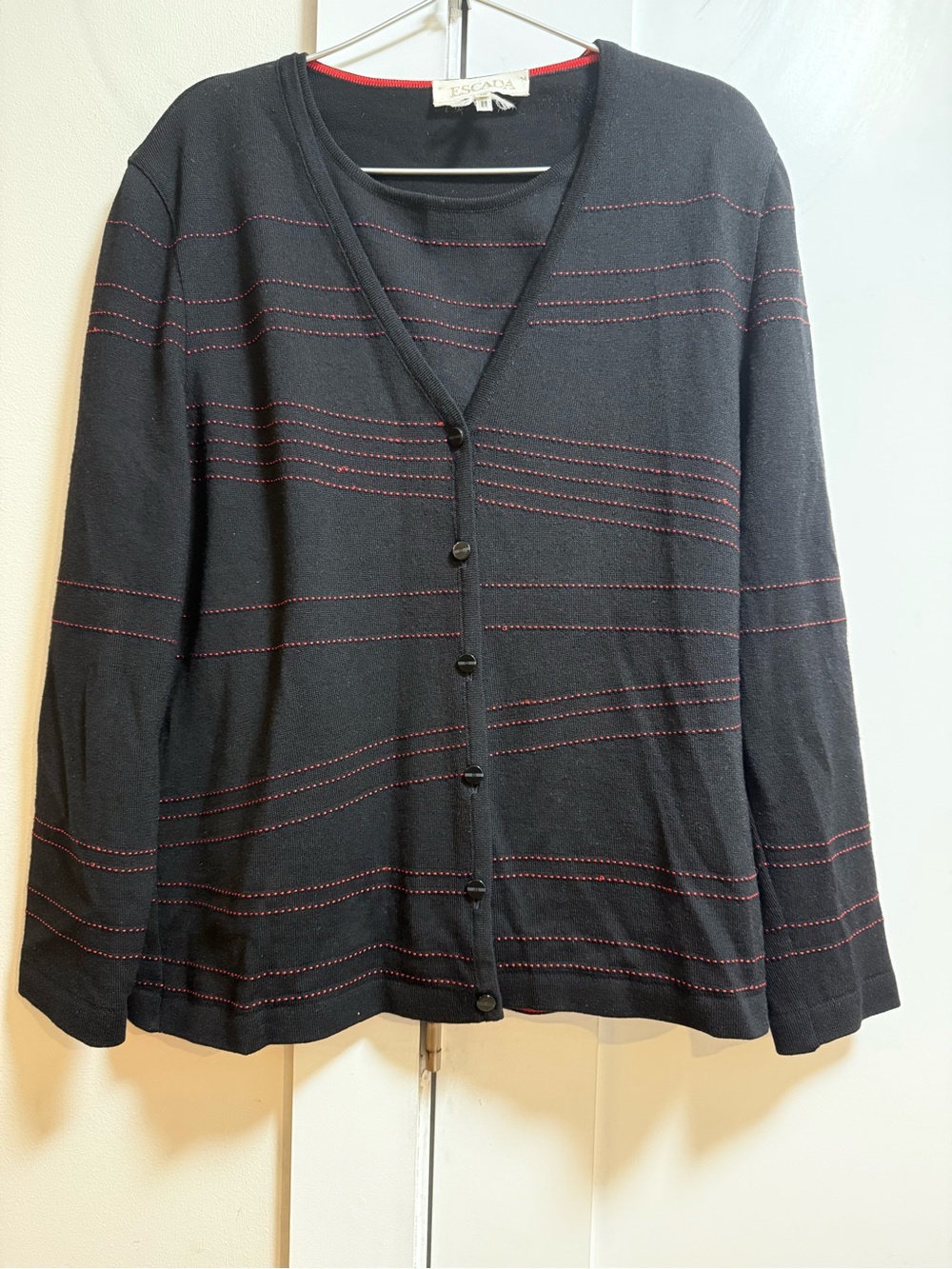 Escada Black Cardigan 2 Piece Set with Subtle Redish Pink Stitching.Vintage 40